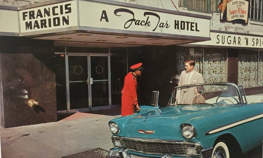 Historical Image of Exterior on Postcard, Francis Marion Hotel, 1924, Member of Historic Hotels of America, in Charleston, South Carolina.