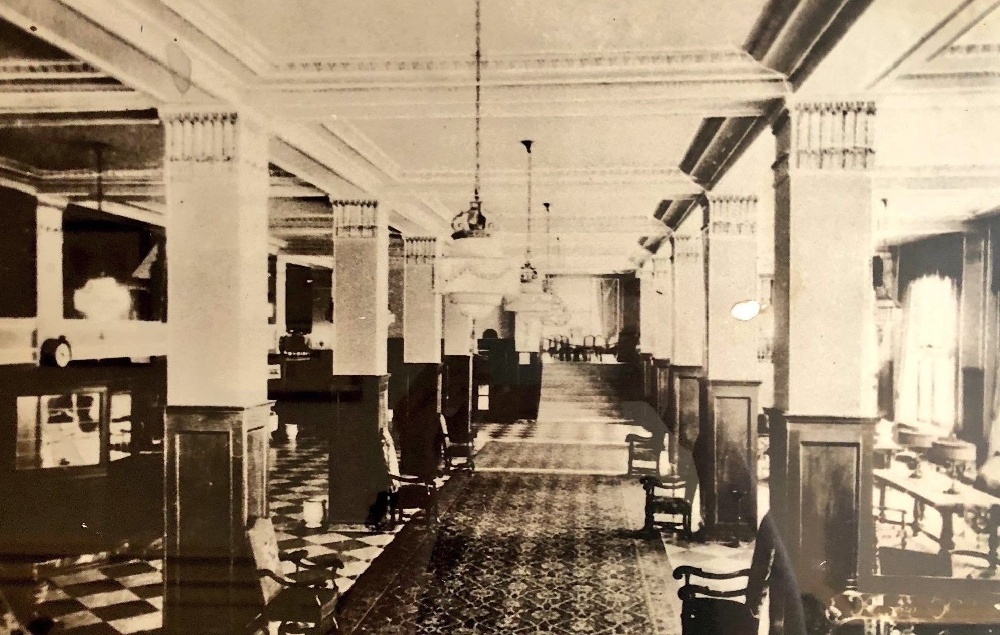 Historical Image of Interior Lobby, Francis Marion Hotel, 1924, Member of Historic Hotels of America, in Charleston, South Carolina.