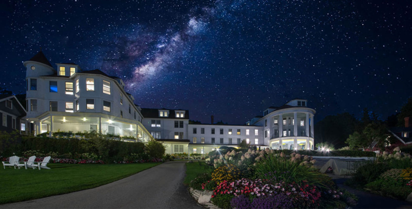 Image of Exterior at Night, Island House Hotel in Mackinac Island, Michigan, 1852Member of Historic Hotels of America, Overview