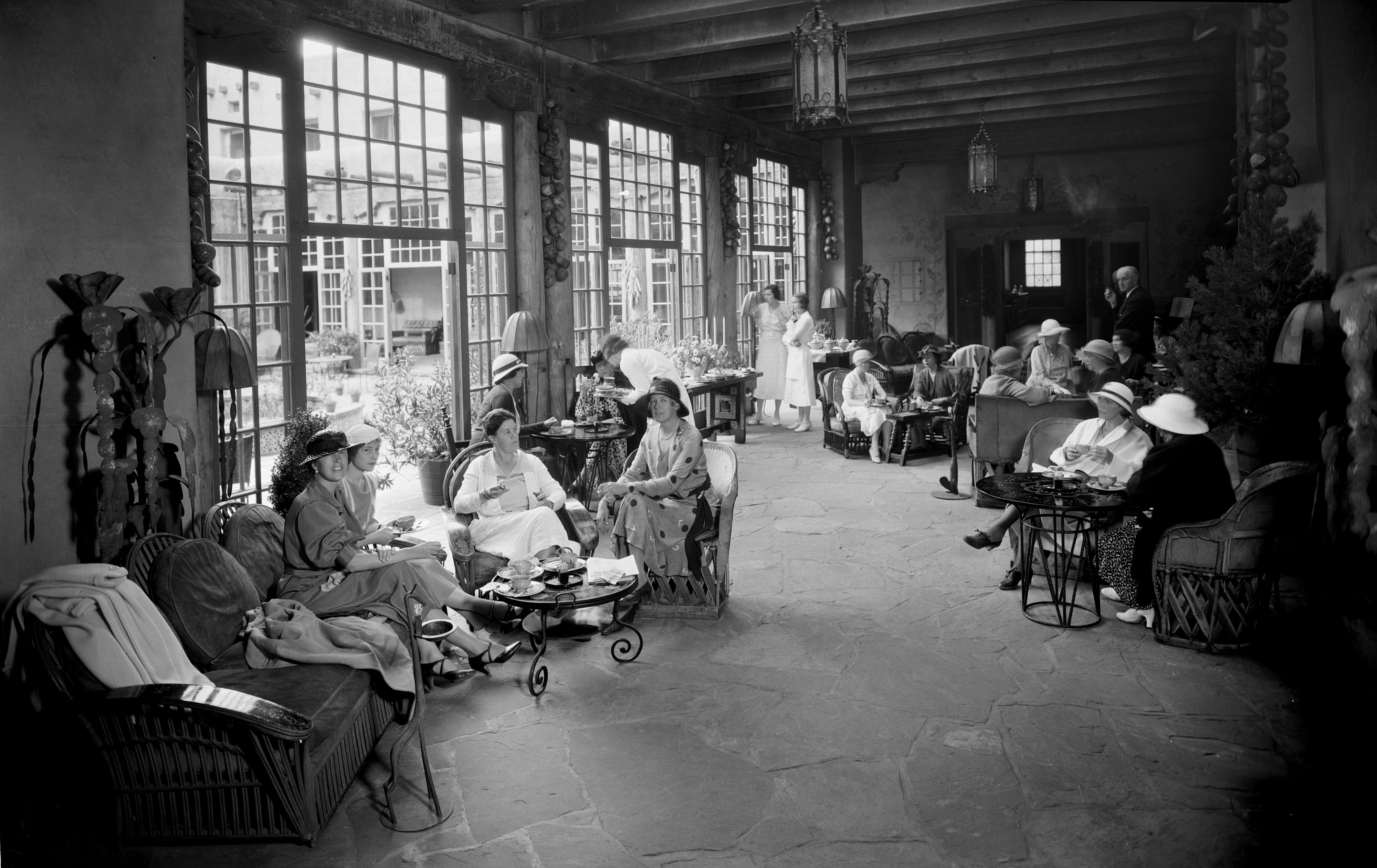 Historical Image of Indoor Lounge Area, La Fonda, 1922, Member of Historic Hotels of America, in Santa Fe, New Mexico.