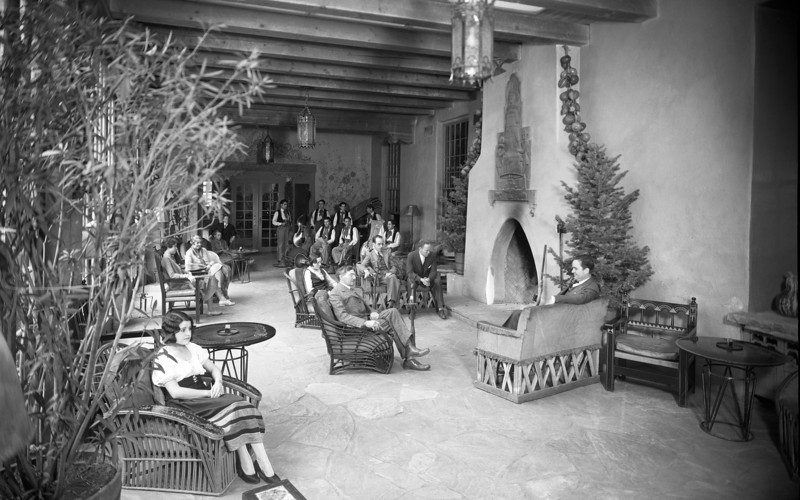 Historical Image of Lounge Area with Fireplace, La Fonda, 1922, Member of Historic Hotels of America, in Santa Fe, New Mexico.